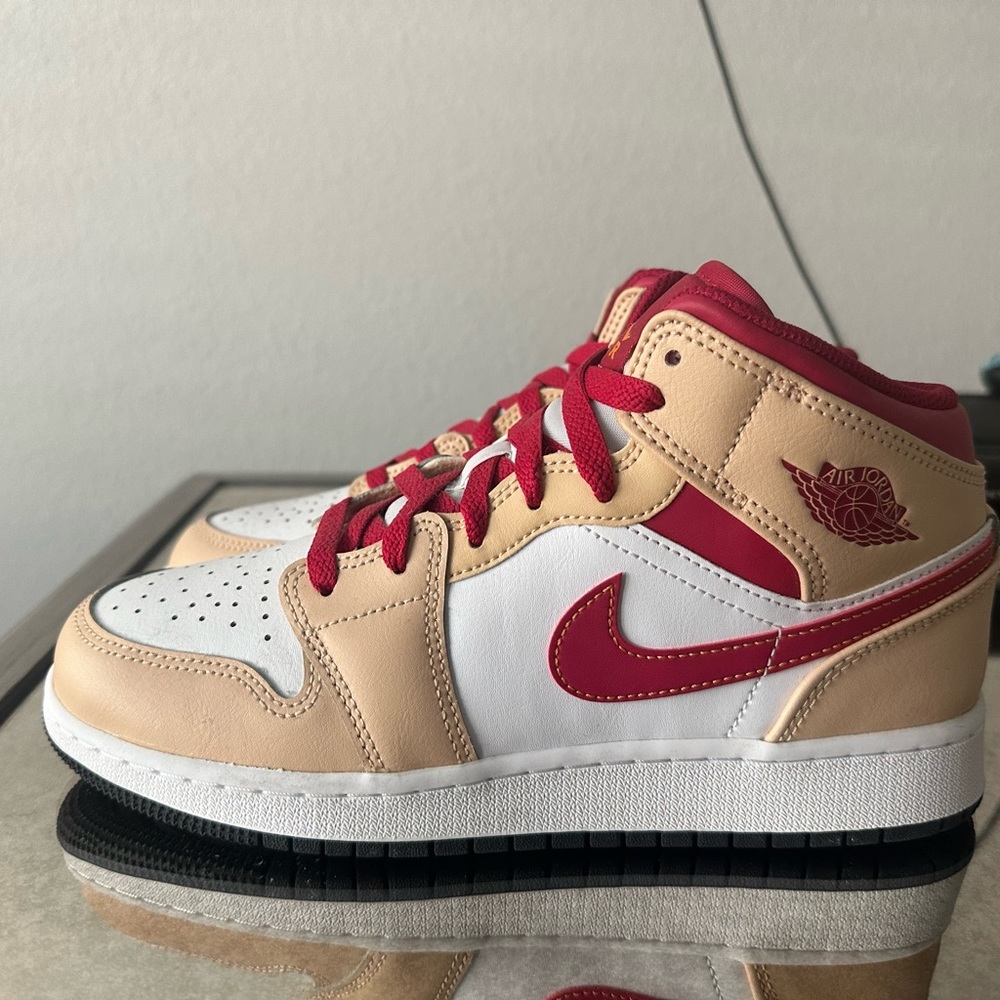 White onyx/white/cardinal red/light curry Nikes kids 6Y women’s 7.5